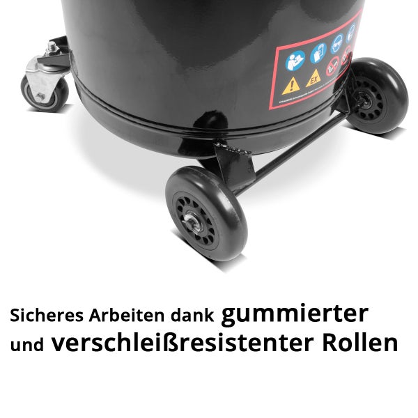 Detailaufnahme der Gummiräder eines Werkstattbehälters für sicheres Arbeiten