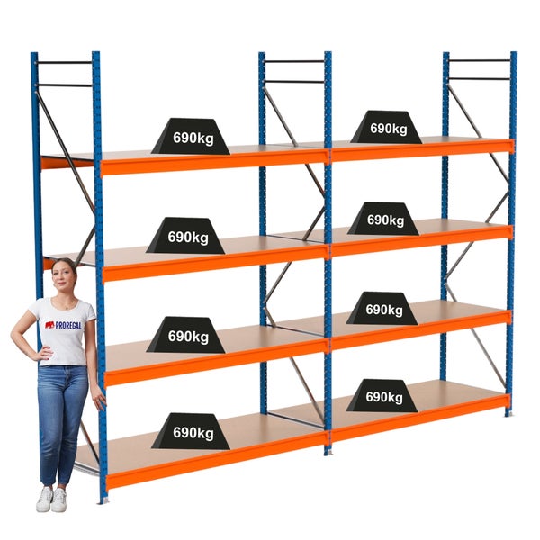 Lagerregal mit mehreren Ebenen und einer Traglast von 690 kg pro Ebene