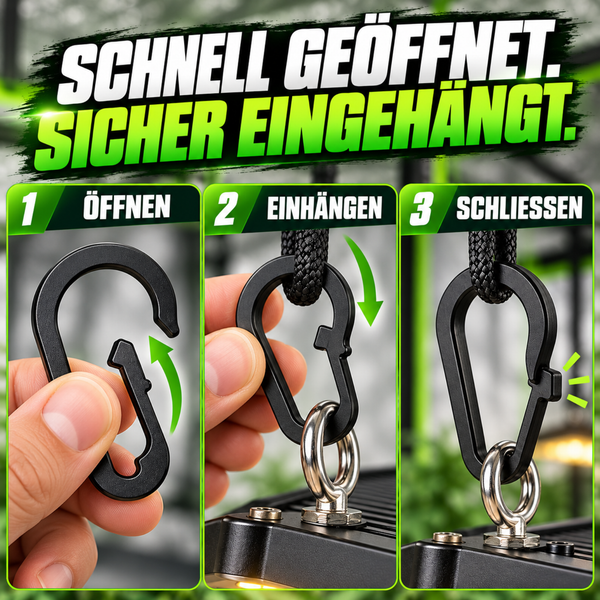 Anleitung zur Anwendung eines Karabinerhakens in drei Schritten: Öffnen, Einhängen und Schließen zur sicheren Befestigung.