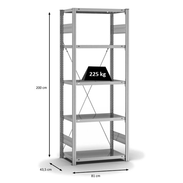 PROREGAL Fachbodenregal Stecksystem T-Profil Medium-Duty Grundregal HxBxT 200 x 75 x 40 cm 5 Ebenen Fachlast 225 kg Einseitig Nutzbar Verzinkt