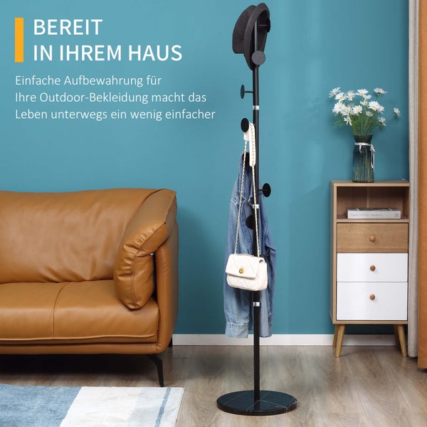 HOMCOM Kleiderständer, Garderobe mit 8 Haken, Garderobenständer für Kleidung, Hüte, Flur, Eingang, Stahl, Schwarz, 35x 35 x 170 cm