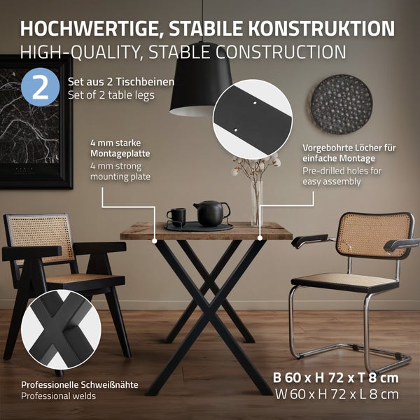 ECD Germany 2x Tischbeine X-Design X-Form, 60 x 72 cm, Schwarz, pulverbeschichtete Stahl, Industriedesign, Metall Tischkufen Tischuntergestell Tischgestell Möbelfüße, für Esstisch Schreibtisch
