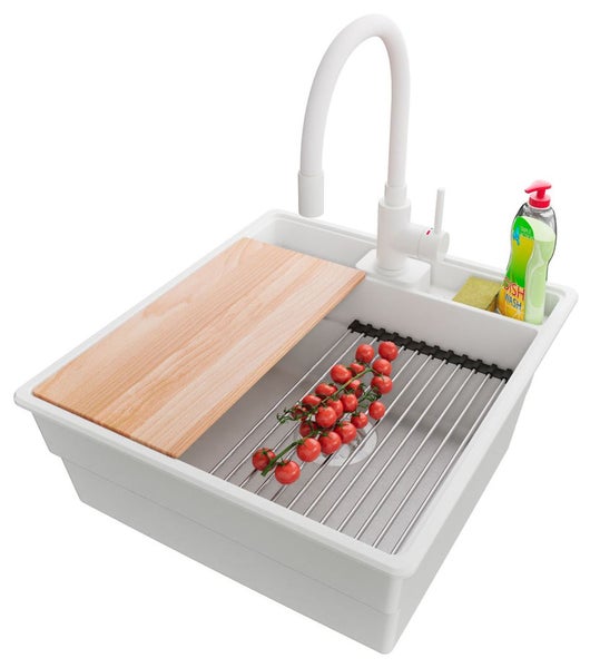 Spüle mit Schneidebrett, Abtropfgitter, Spülmittel und Tomaten