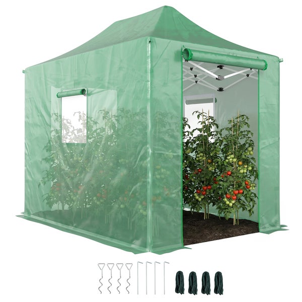 Begehbares Tomatengewächshaus mit Pop-up-Gestell, Netzgitterfolie, aufrollbarer Tür, Fenstern und Befestigungsmaterial wie Erdnägeln und Seilen.