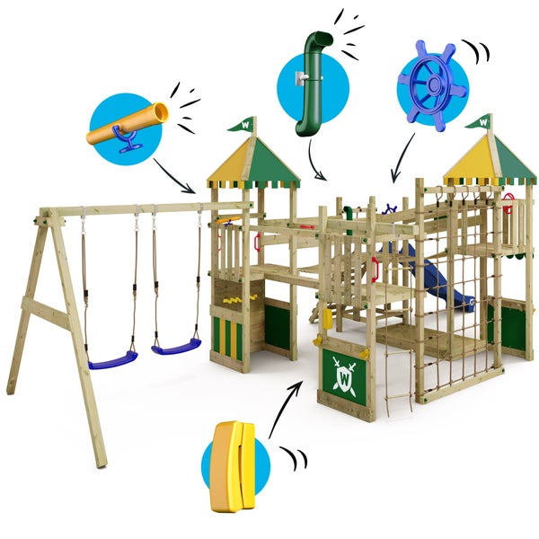 WICKEY Spielturm Ritterburg Smart Queen mit Schaukel und Rutsche, Spielhaus mit Sandkasten, Kletterleiter und Spiel-Zubehör - grün