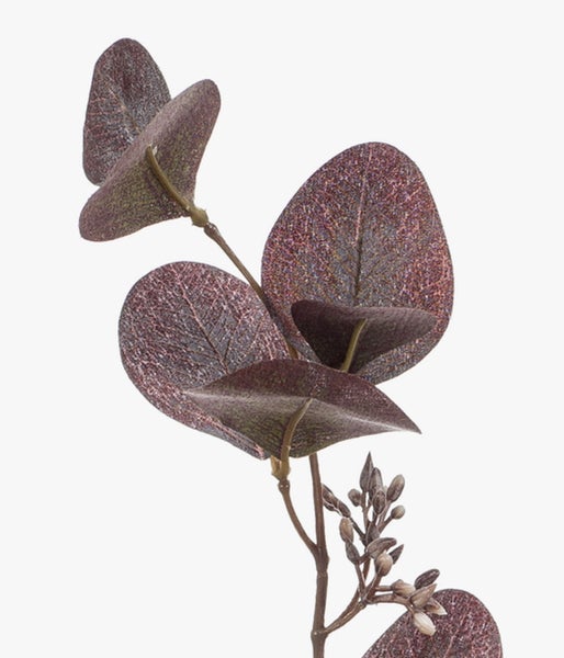 Künstlicher Eukalyptus-Zweig mit violetten Blättern und kleinen Knospen.