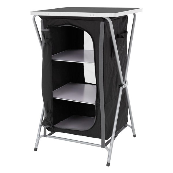 ECD Germany Campingschrank faltbar, Grau-Schwarz, 60x97,5x53 cm, Campingküche mit Aluminiumgestell, Küchenbox tragbar mit Arbeitsplatte, 3 Ablagen und Tragetasche, Outdoorschrank Faltschrank aus Stoff