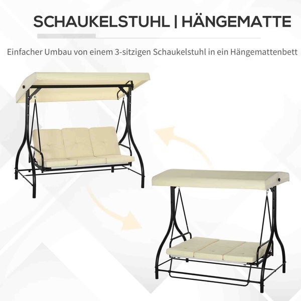 Outsunny 2 in 1 Hollywoodschaukel mit Liegefunktion 3-Sitzer Gartenschaukel mit verstellbarem Sonnendach, Schaukelbank belast bis 240kg, Gartenliege für Garten, Terrasse, 195x117x175 cm, Beige