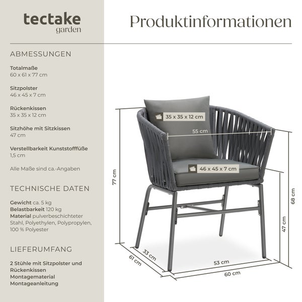 Stuhlset tectake Valeiras 60 x 61 x 77 cm Geflecht im Rope-Design dunkelgrau/dunkelgrau