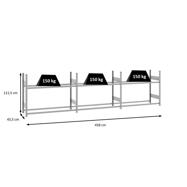 Metallregal-System mit drei Elementen, Maße: 458 cm breit, 111,5 cm hoch, 43,5 cm tief, Traglast pro Ebene 150 Kilogramm.