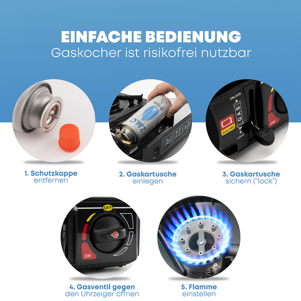 Gaskocher 1-flammig inkl. Adapter für LPG + Aufbewahrungskoffer + 12 Gaskartuschen 227g, Campingkocher für Outdoor und Innenraum, Campinggaskocher 2,2 kW mit Piezozündung