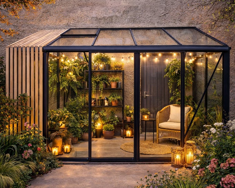 Moderne Gartenlaube mit Glasfront, schwarzem Metallrahmen und Holzlamellen. Innenraum mit Pflanzen, Rattansessel und warmer Beleuchtung.