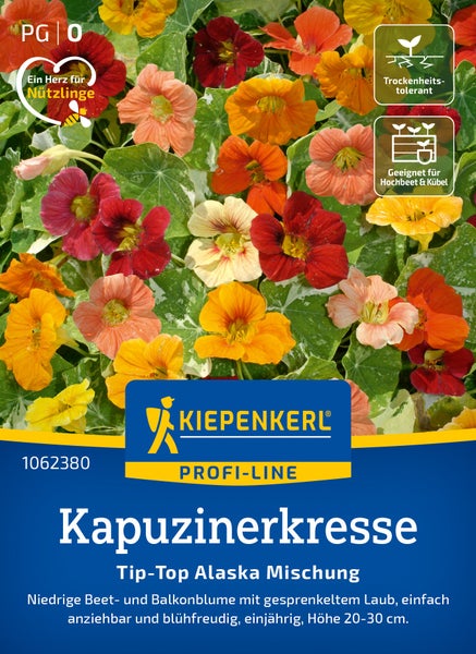 Saatgut Kapuzinerkresse Tip Top Alaska Mischung von Kiepenkerl fuer Beet und Balkon mit gemustertem Laub und zahlreichen Blueten