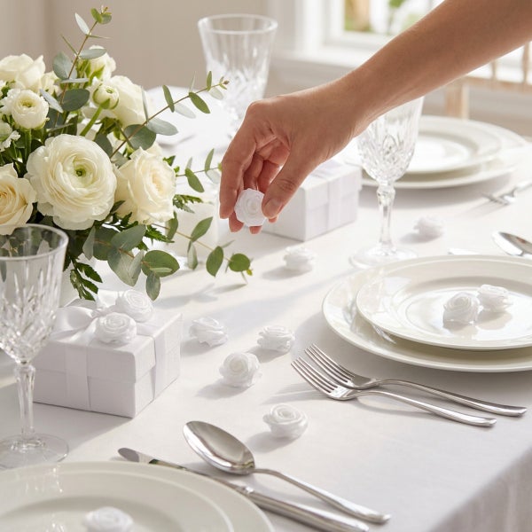 Festlich gedeckter Tisch mit weissen Blumen und kleinen Rosenblüten als Tischdekoration bei einer Feier