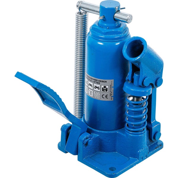 Blauer hydraulischer Wagenheber mit einer maximalen Traglast von 680 Kilogramm.