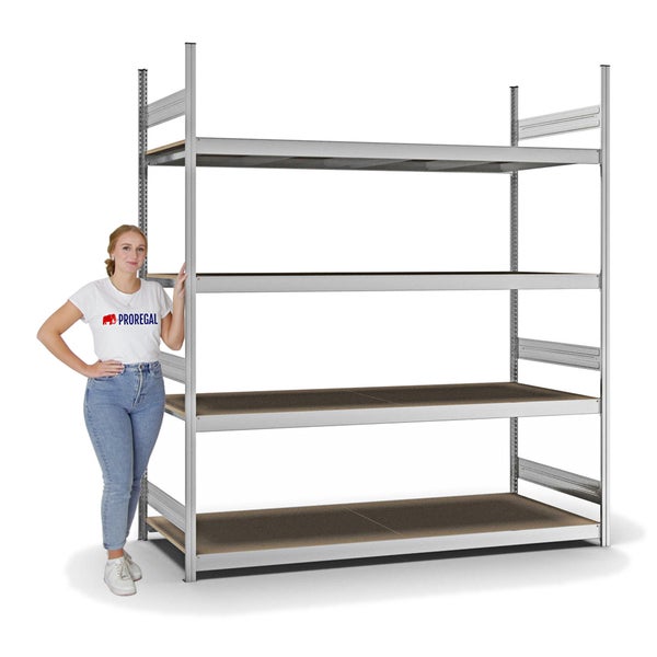 PROREGAL Weitspannregal Stecksystem T-Profil Grundregal HxBxT 250x225x80 cm 4 Ebenen Spanplatten Fachboden Fachlast 350 kg Verzinkt