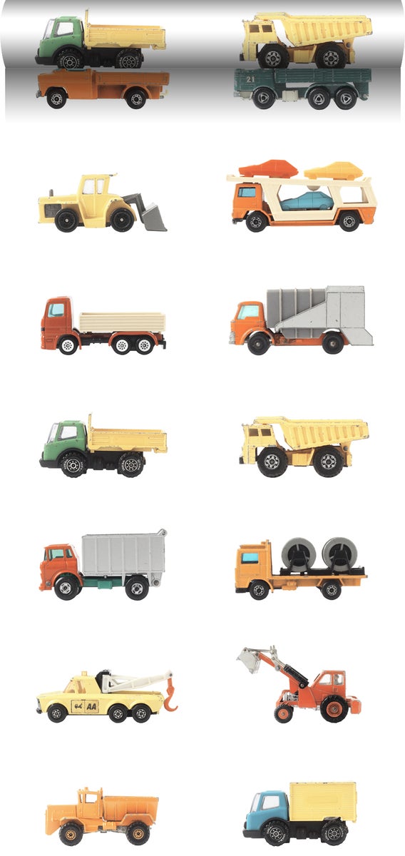 ESTAhome XXL-Vliestapete Lastwagen und Traktoren Gelb, Orange und Blau - 50 x 900 cm - 159048