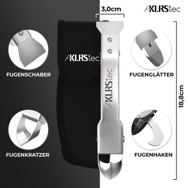 KLRStec Professional Fugenglätter Werkzeug [100% Edelstahl] Robustes 4 in 1 Fugenkratzer & Abzieher Multitool inkl. praktischer Tasche mit Gürtelclip - Profi Werkzeug-Set zum erneuern von Silikonfugen