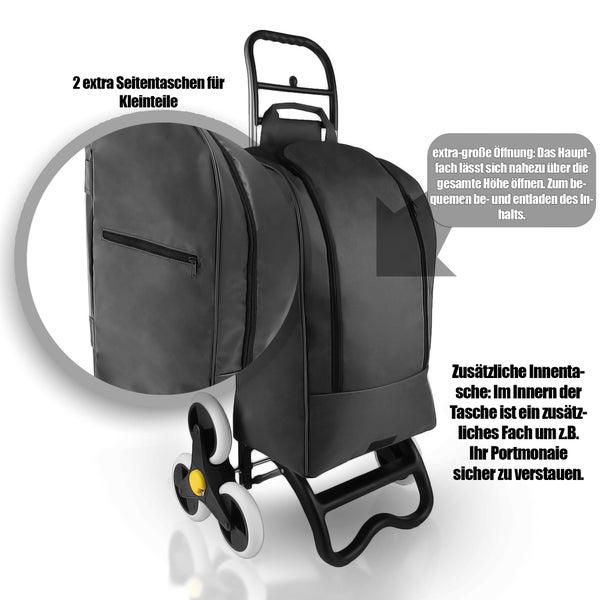 BigDean Einkaufstrolley mit Treppensteiger-Funktion, Kühlfach & 6 großen Rädern - 40L faltbar schwarz - Einkaufswagen Einkaufsroller Kühltasche Einkaufstasche Treppensteiger
