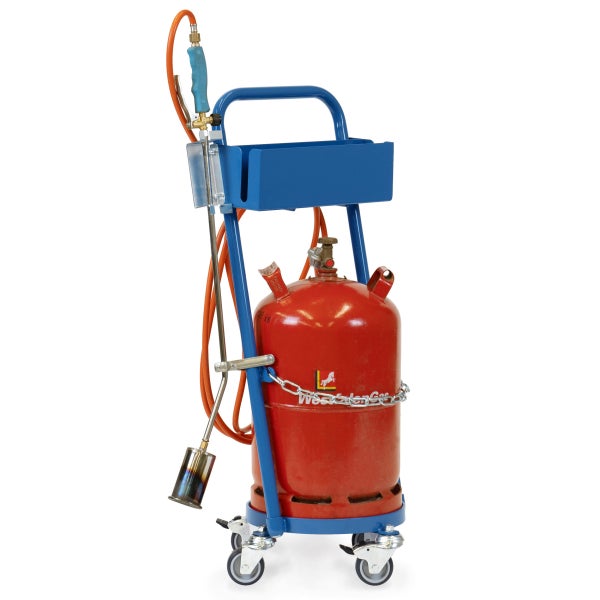 Fetra Stahlflaschenroller für 1 Propangasflasche 11 kg Inhalt,  Ø 300 mm Schrumpfpistolen und Anwärm/Abbflammbrenner Halterung