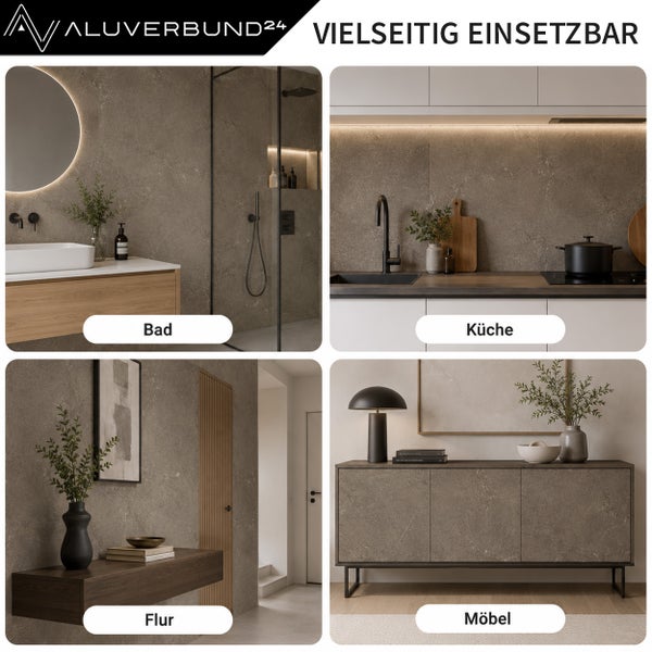 Aluverbundplatten in Steinoptik im Bad, als Küchenrückwand, im Flur und als Möbelfronten. Vielseitig einsetzbar. Aluverbund24 Logo.
