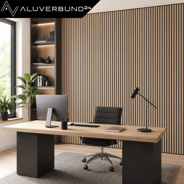 Modernes Arbeitszimmer mit Holzlamellen Wandverkleidung Schreibtisch mit Holzoberfläche und schwarzem Gestell sowie Bürostuhl und Wandregal