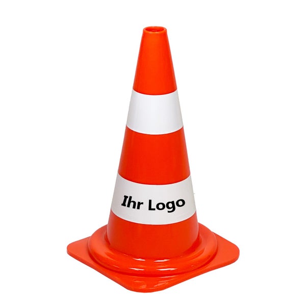 Leitkegel 10 Stück UvV Werbe-Pylonen mit Logo/Text Warnleitkegel Kegel orange (10 Kegel+Logo) / weiße Folie tagesleuchtend