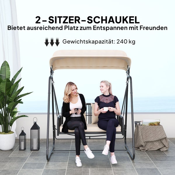 Outsunny Hollywoodschaukel Rattan 2-Sitzer Gartenschaukel mit verstellbar Sonnendach Kissen Hängebank bis 240 kg belastbar Hängeschaukel Schaukelbank für Garten Balkon 149 x 121 x 180 cm Khaki