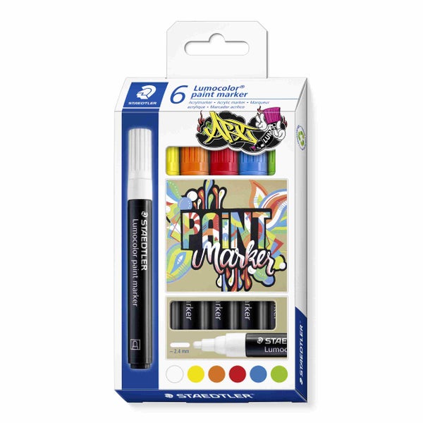 Staedtler Lumocolor Paint Marker Set mit 6 Acrylmarkern, Rundspitze circa 2,4 Millimeter, sortierte Farben.