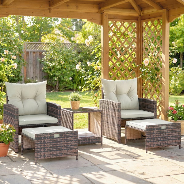 Garten-Lounge-Set aus Polyrattan bestehend aus zwei Sesseln mit Polstern, zwei Hockern und einem Beistelltisch unter einem hellen Holzpavillon.
