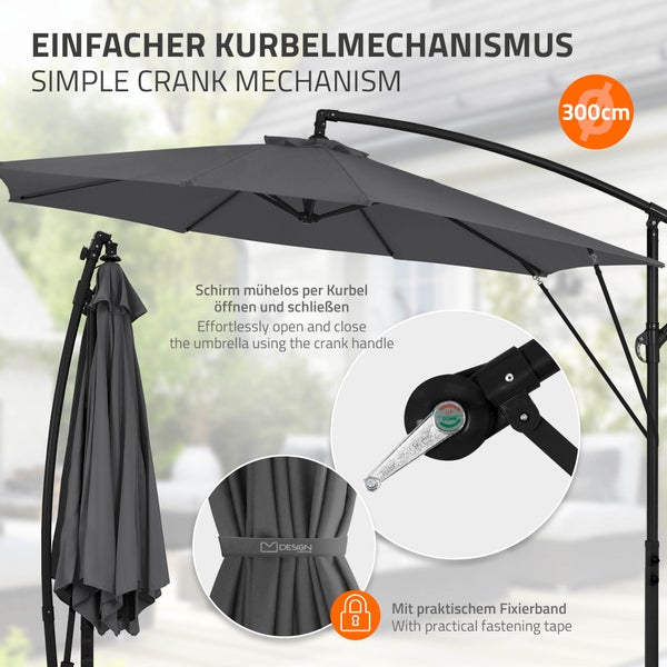 Ampelschirm mit 300 Zentimeter Durchmesser, Kurbelmechanismus zum Öffnen und Schließen sowie Befestigungsband für den geschlossenen Zustand.