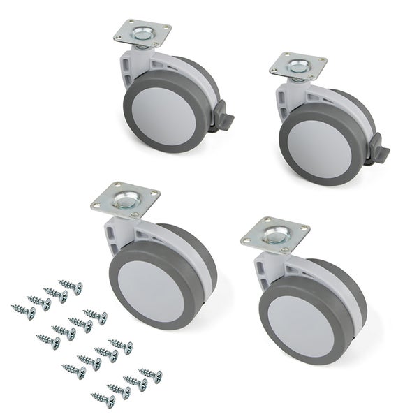 Set aus vier Möbelrollen mit Anschraubplatte und passenden Schrauben, Kunststoff und Metall.