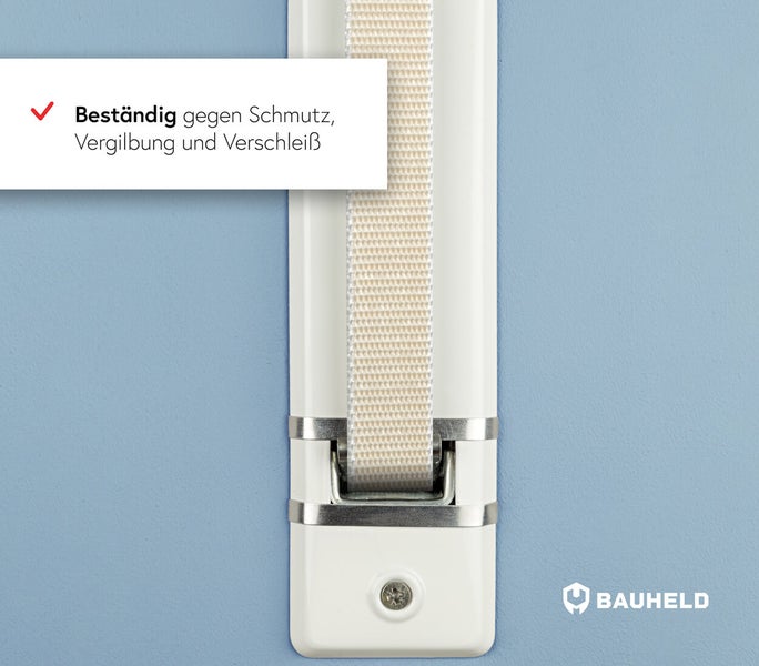 Detailansicht Rollladengurt mit Merkmalen: Schmutzbeständigkeit, Vergilbungsbeständigkeit und Verschleißfestigkeit