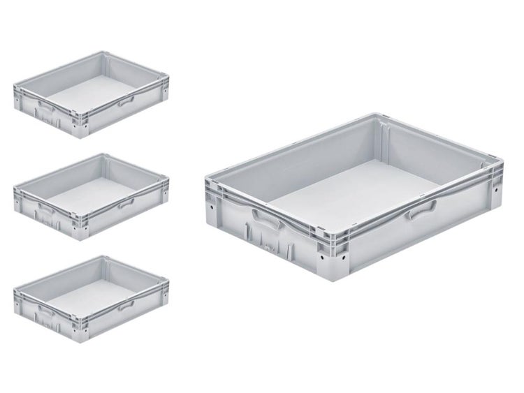 PROREGAL SparSet 4x Euro-Norm Großbehälter HxBxT 17 x 60 x 80 cm 72 Liter Glatter Boden Grau Eurobehälter Transportbox