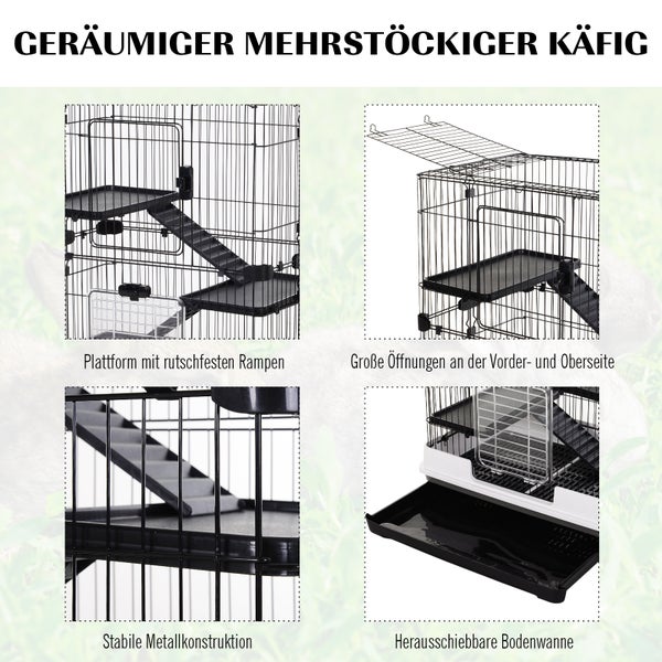 PawHut Kleintierkäfig mit 4 Räder, Käfig, 3 Öffnungen, 2 Plattformen, Metall Schwarz 81,2 x 52,7 x 110 cm