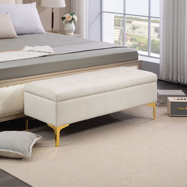 HOMCOM Sitzbank mit Stauraum, für Wohnzimmer, Schlafzimmer, Flur, 120 x 44 x 44,5 cm, Samt, Metall, Beige
