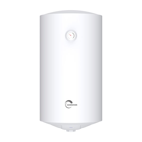 Weißer elektrischer vertikaler Warmwasserspeicher mit Temperaturanzeige und Sannover Logo.