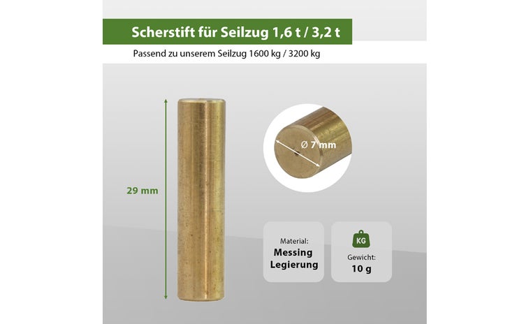 Scherstift aus Messinglegierung für Seilzug, 29 Millimeter lang und 7 Millimeter Durchmesser