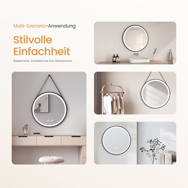 EMKE LED Badspiegel mit Beleuchtung Ø70 cm rund, Touchschalter, kaltweiß, IP44, kupferfreier Silberspiegel für Bad
