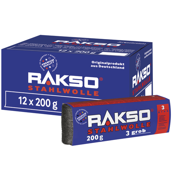 Rakso Stahlwolle Sorte 3 grob, Vorratspackung mit 12 Rollen zu je 200 Gramm, Hergestellt in Deutschland, Premium Qualität.