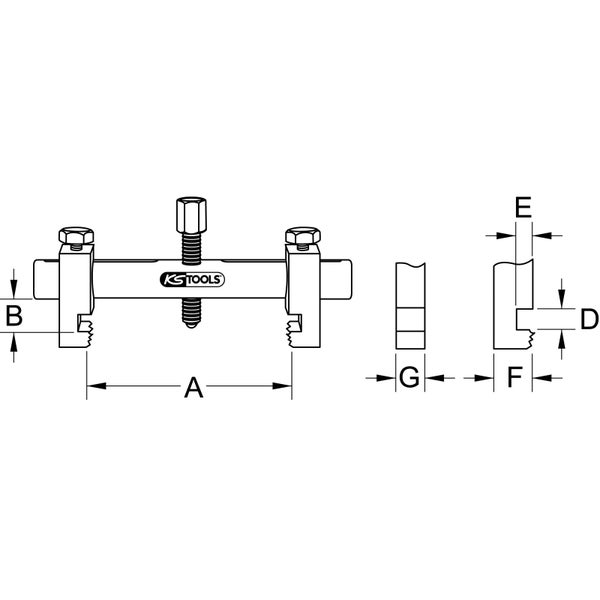 Technische Zeichnung eines Universal-Abziehers mit den Maßen A bis G von KS Tools