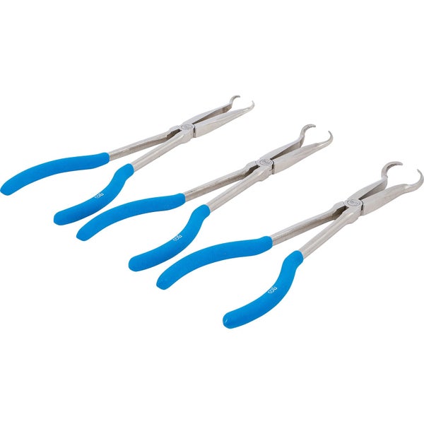 Drei gebogene Zangen mit langen Schenkeln und blauen Griffen.