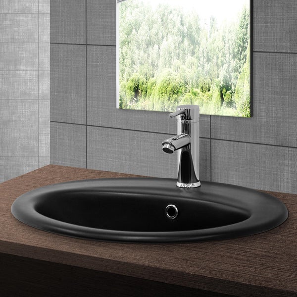 ML-Design Waschbecken aus Keramik Schwarz matt 57x48,5x19,5 cm Oval mit Ablaufgarnitur, Einbauwaschbecken mit Überlauf, Aufsatzwaschbecken Einbauwaschtisch Waschschale Handwaschbecken, für Badezimmer