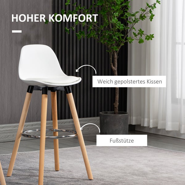 HOMCOM Barhocker 2er Set, Gepolstert Barstuhl mit Holzbeine und Rückenlehne, Küchenstühle mit Fußstütze aus Stahl, Tresenhocker für Küche, Wohnzimmer, Esszimmer, Kunstleder, Weiß