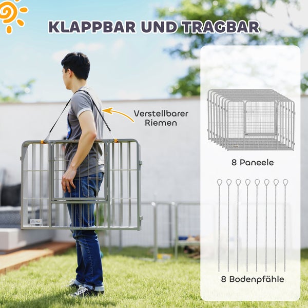 PawHut Welpenauslauf 60 cm Hoch, 8-TLG Hundelaufstall Welpenlaufstall mit Gurt und Tür, Freilaufgehege für kleine Hunde, Meerschweinchen, Kaninchen, Stahl, Silber