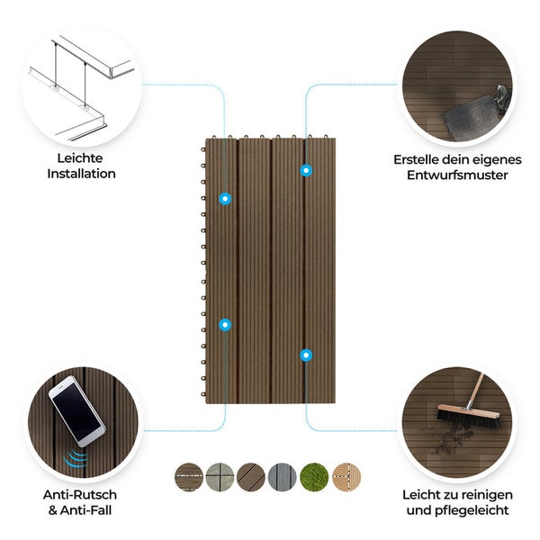 FLOORDIREKT WPC Klickfliesen Royal Terrassendielen - 30 x 60 cm - Dunkelbraun 6er-Set 1 m²