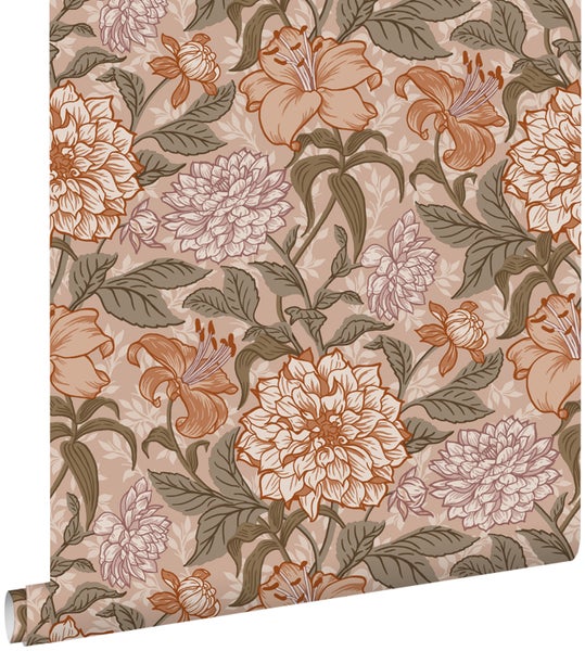 ESTAhome Tapete Blumenmuster Altrosa, Graugrün und Terrakottarosa - 53 cm x 10.05 m - 139380