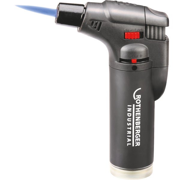 Rothenberger Industrial Mini-Gasbrenner mit blauer Flamme, Kindersicherung und Flammenregler.