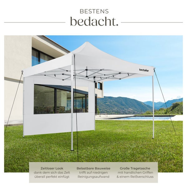Gartenpavillon mit Seitenwand und Fenster auf Rasenfläche neben Pool. tectake Logo. Belastbare Bauweise, zeitloses Design und Tragetasche.