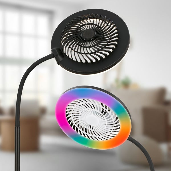 Stehleuchte mit Ventilator und Leuchtring, flexibler Hals, Ausführung in Schwarz mit warmweißem und farbigem Licht.